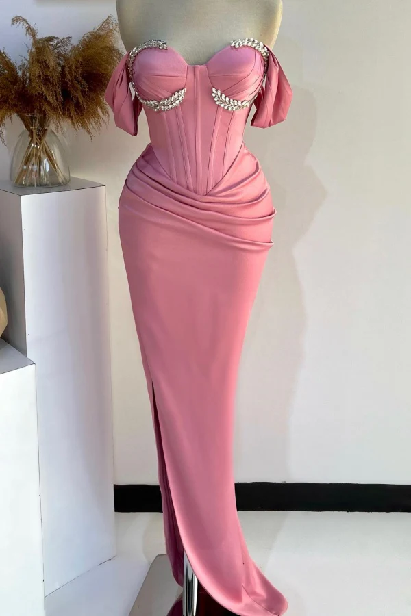 Chic & Modern Sheath Off Shoulder Sleeveless Pleated Crystal Beaded Baby Pink Side Slit Prom Party Dress Formal Evening Gown Cocktail Dress