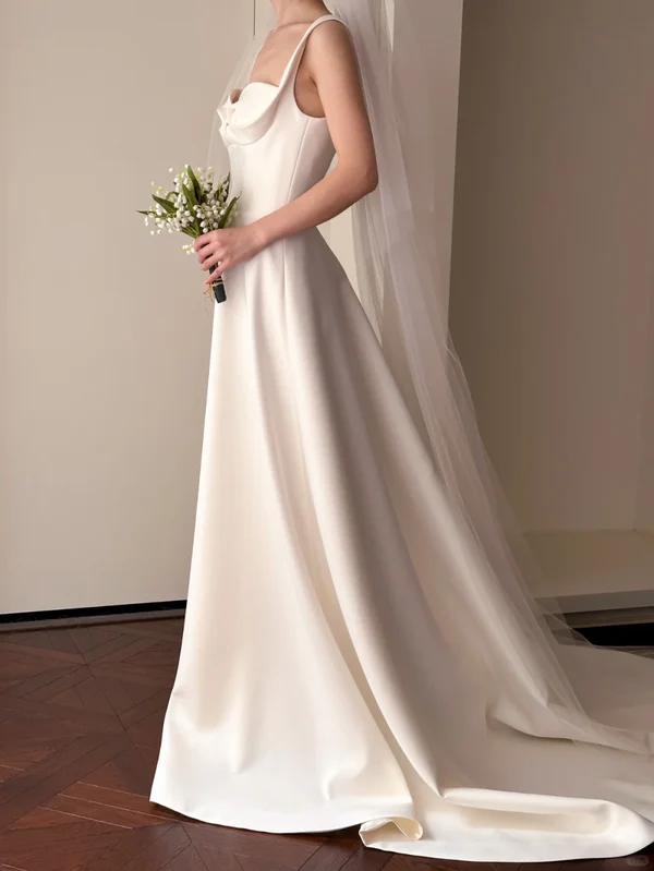 Classic Pretty A Line Spaghetti Straps White Satin Wedding Dress