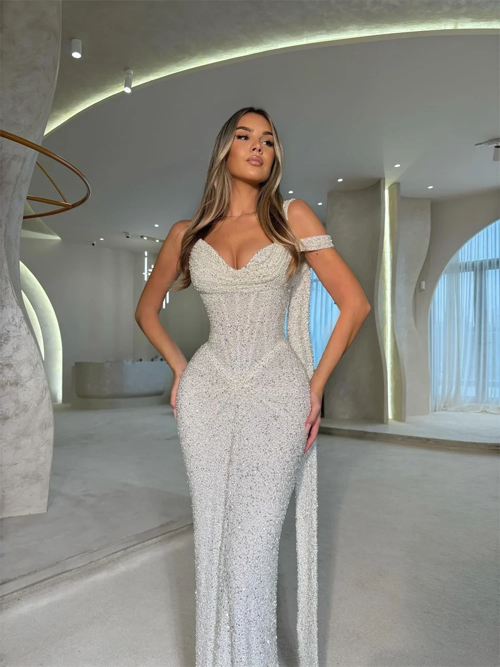 Customize Ivory Shiny One-Shoulder Mermaid Prom Dress Pleated Floor-length Sleeveless Evening Dresses