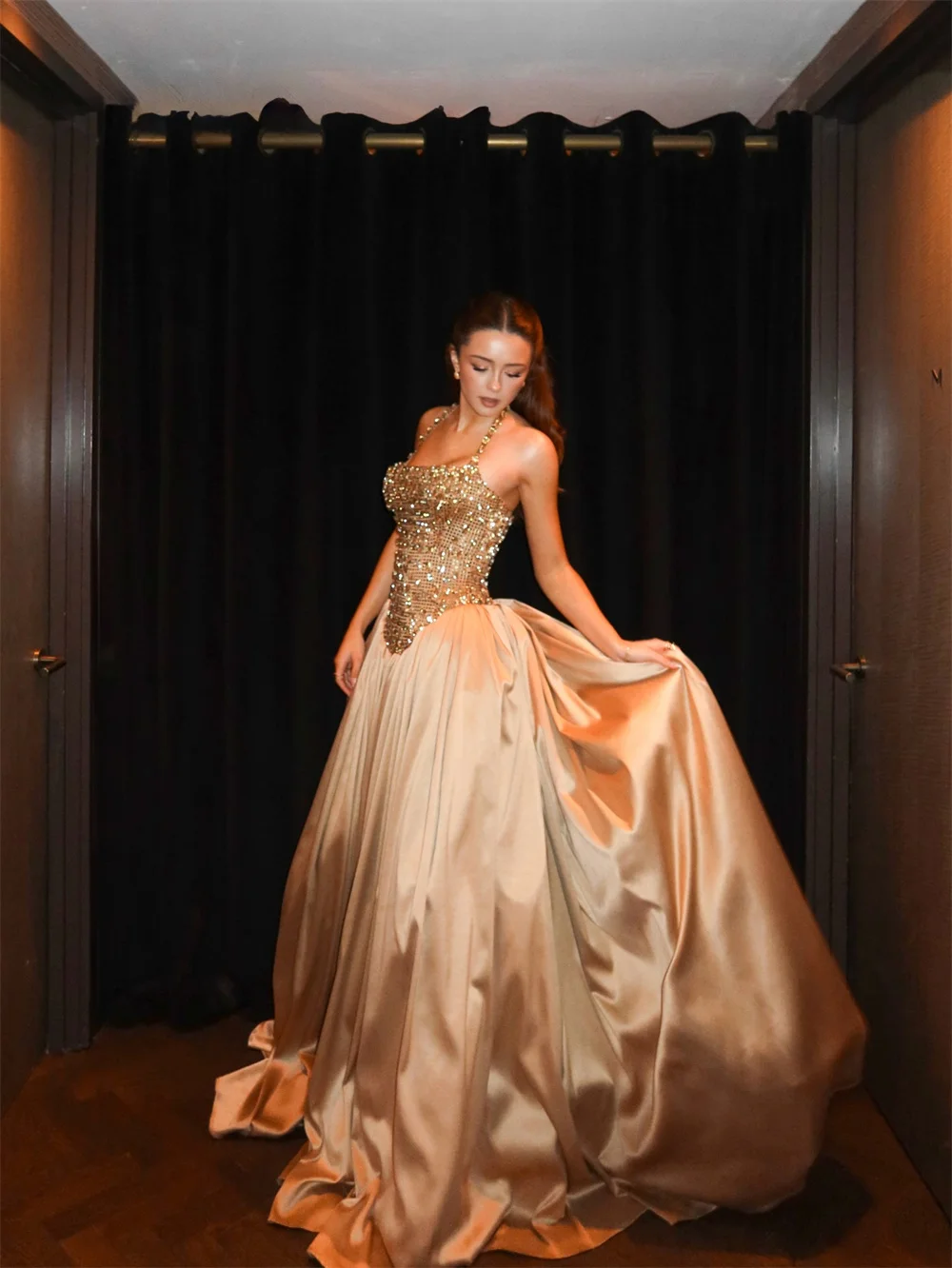 Customized Champagne Luxury Rhinestones Prom Dress Halter Neck Floor-length Sleeveless Evening Dresses