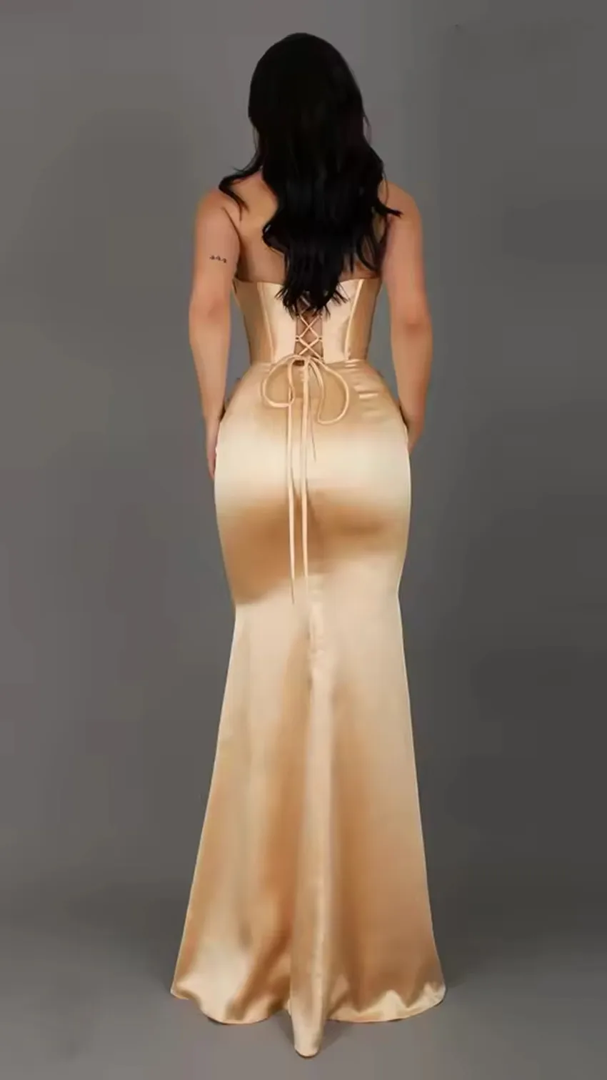 Customized Champagne Satin Party Dresses Strapless Beaded Heart Neck Prom Dress Mermaid Gown