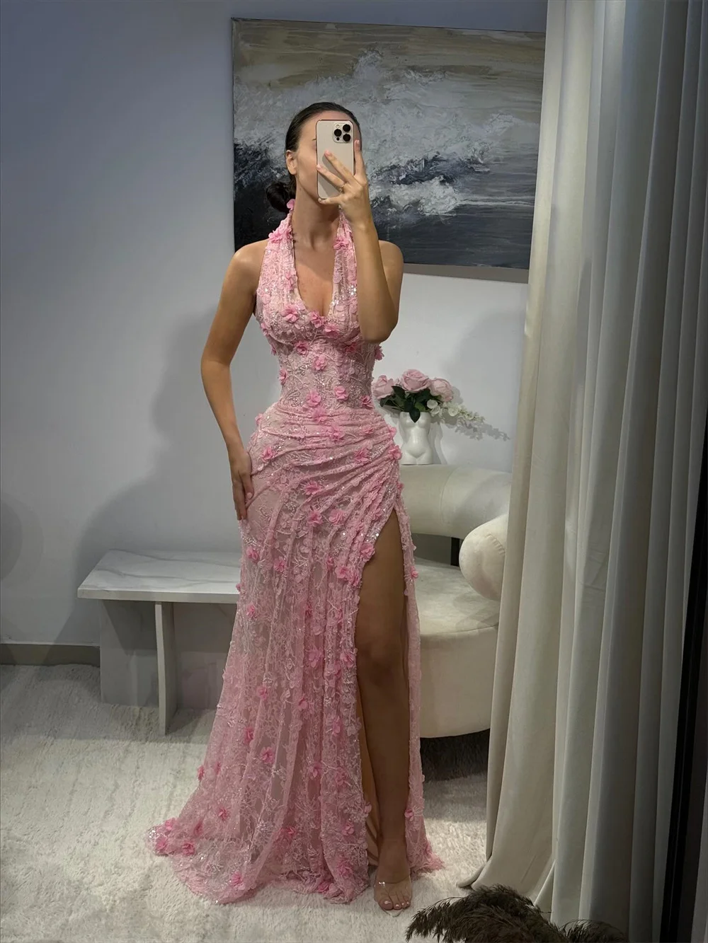 Customized Pink 3D Floral Lace Pleated Prom Dress Halter Neck Mermaid Side High Slit vestidos de noiva Floor-length Formal