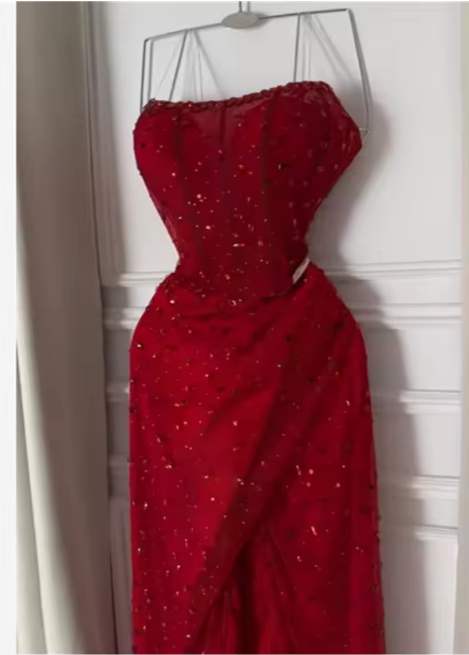 Customized Red Rhinestones Side Split Mermaid Prom Dress Cut-out Sleeveless Floor-Length Formal Evening