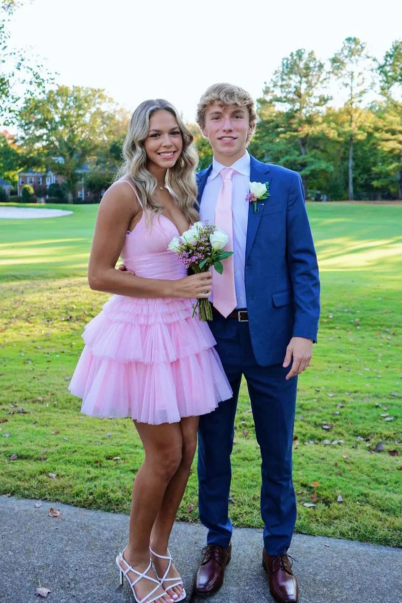Cute A-Line Pink Tiered Tulle Short Homecoming Dresses