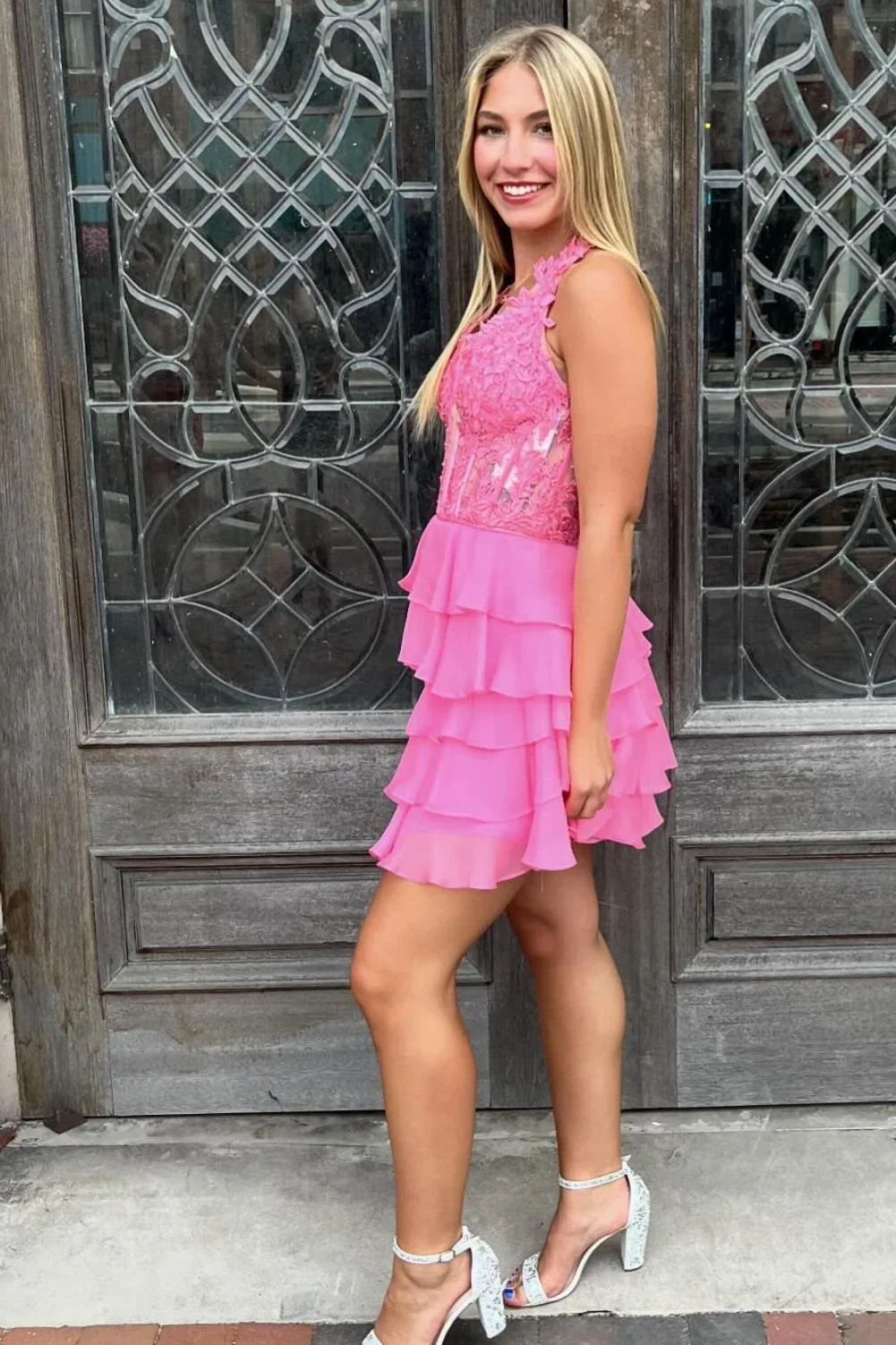 Cute A Line V Neck Hot Pink Chiffon Short Homecoming Dresses with Appliques