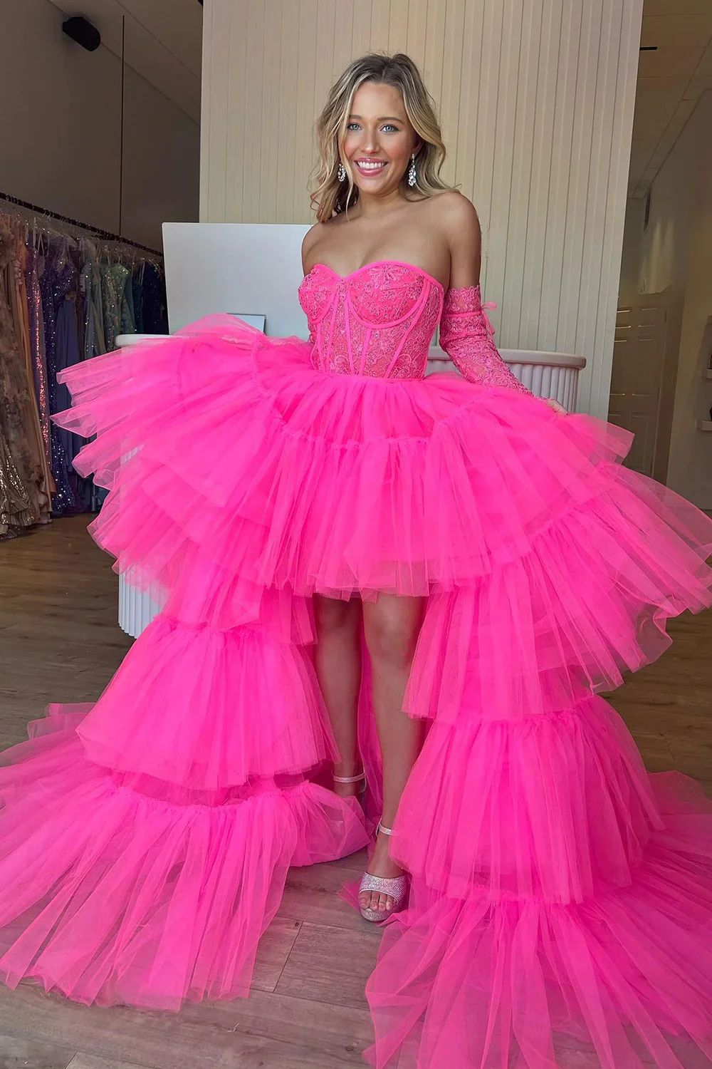 Cute Hot Pink High Low Detachable Sleeves Tiered Tulle Homecoming Dress with Lace