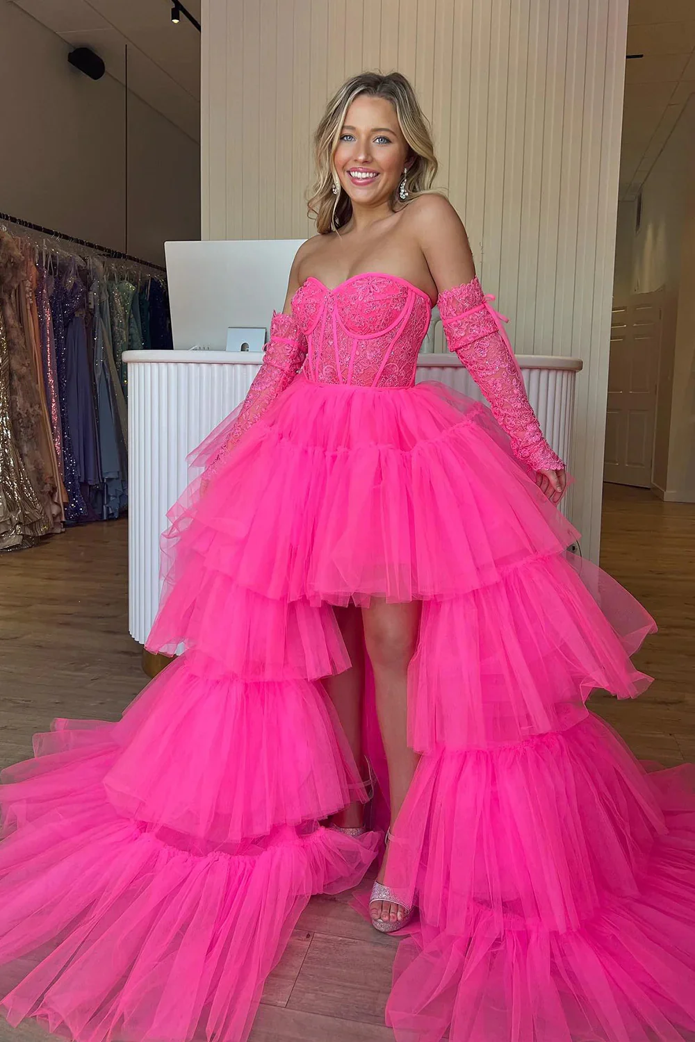Cute Hot Pink High Low Detachable Sleeves Tiered Tulle Homecoming Dress with Lace