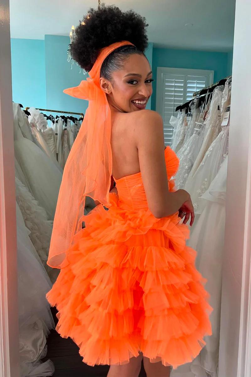 Cute Orange Sweetheart Tiered Tulle Short Homecoming Dresses