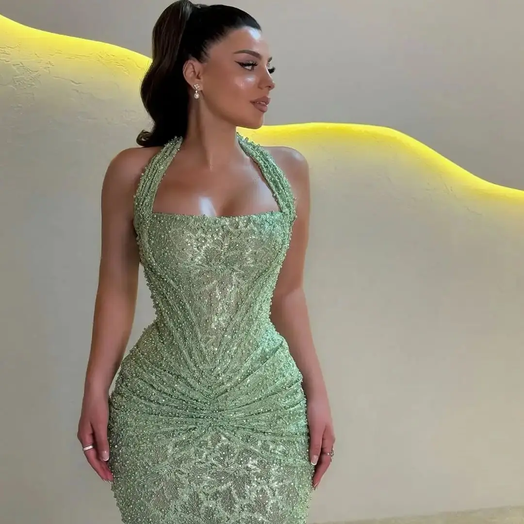 Design Fashion Mint Green Charming Halter Evening Dress Luxury Sexy Pearls Beading Stunning Mermaid Prom Dresses