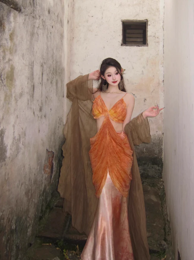 Dreamy Mermaid Spaghetti Straps Orange Satin Chiffon Long Prom Dress Evening Dress