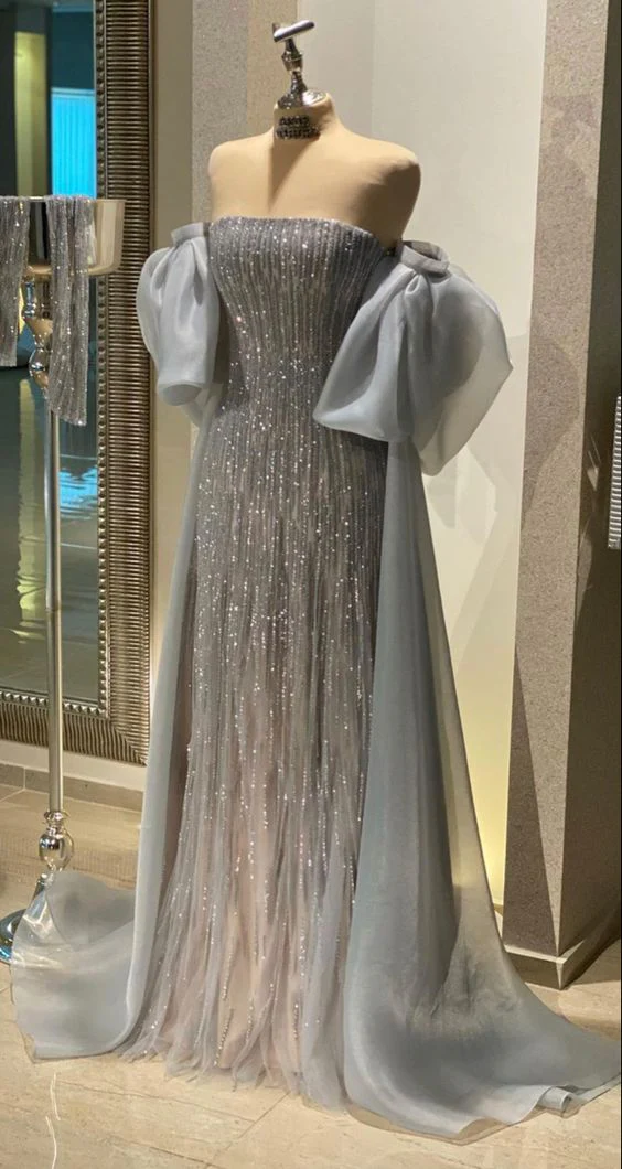 Dusty Blue Tulle Prom Dresses Strapless Floor Length Special Occasion Evening Dress