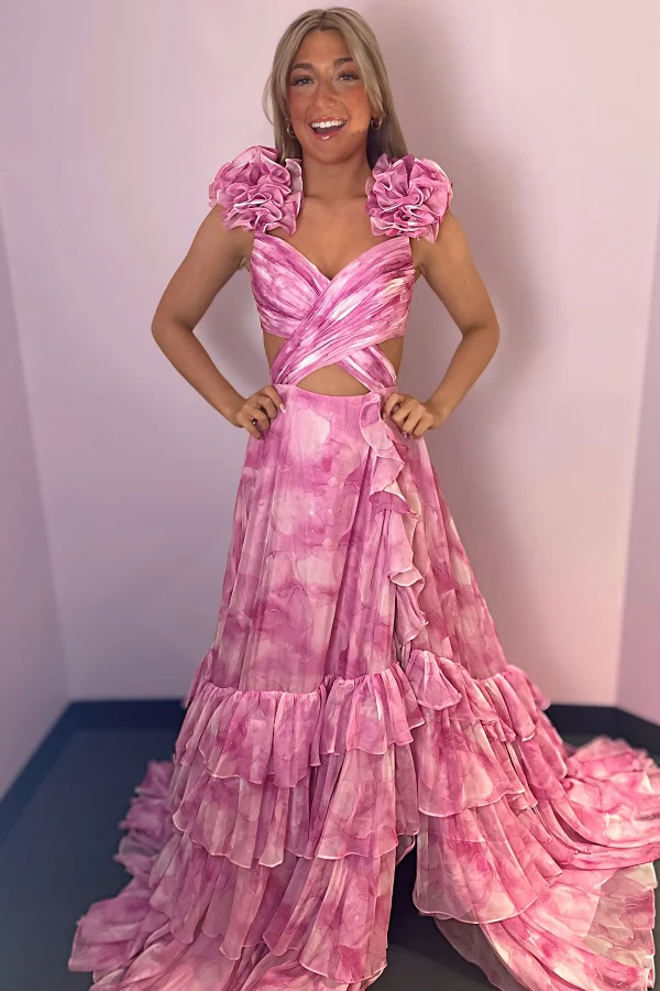 Elegant A-Line Sweetheart Neck Straps Sleeveless Pleated Flower Prom Dress High Side Slit and Train Open Back Zipper Evening Gown