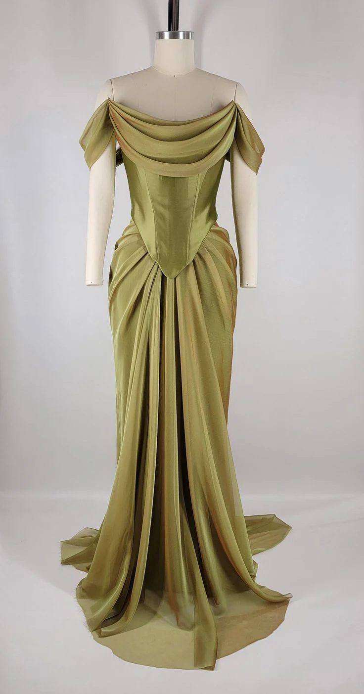 Elegant Green Satin Pleated Party Dress,Off The Shoulder Mermaid Evening Dress Bridesmaid Dress
