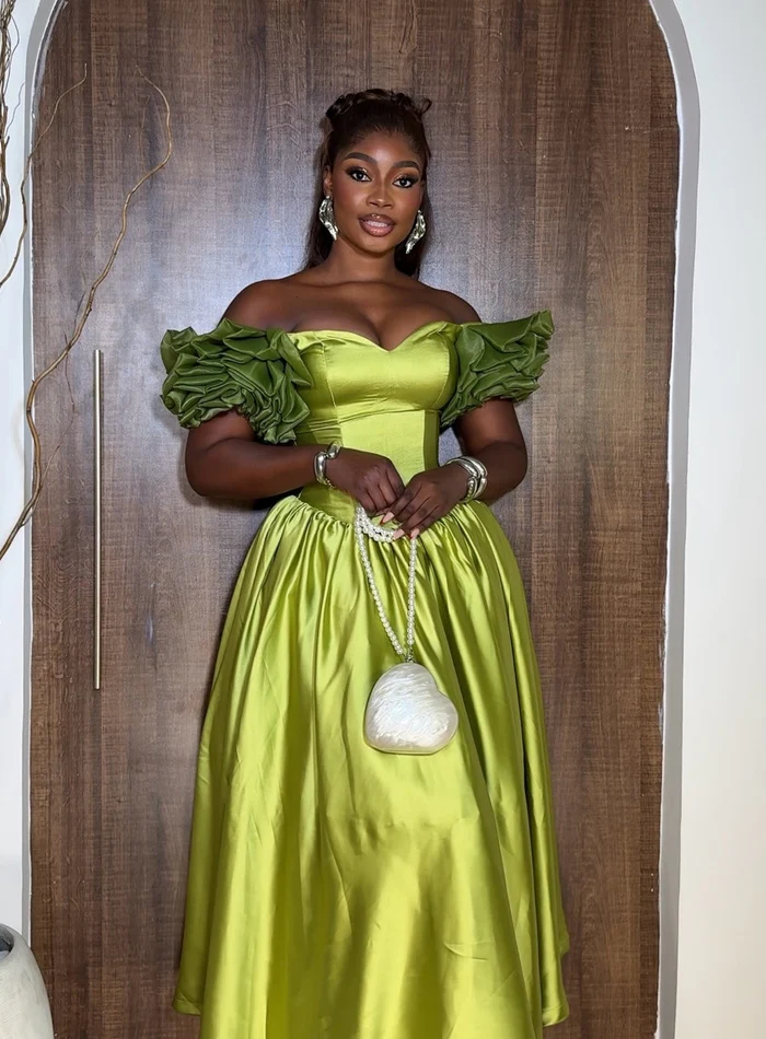 Elegant Off-Shoulder Party Dress Lemon Green Satin Wedding Guest Dress