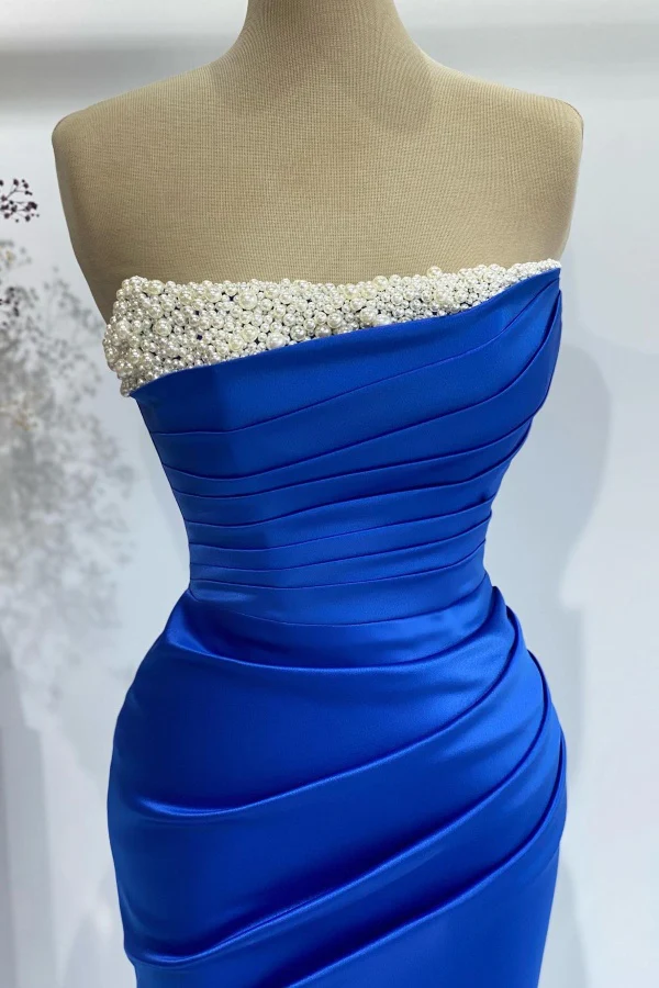 Elegant & Classic Mermaid Boat Neck Sleeveless Handmade Pearls Beaded Pleated Royal Blue Prom Party Dress Evening Party Dress Cocktail Dress