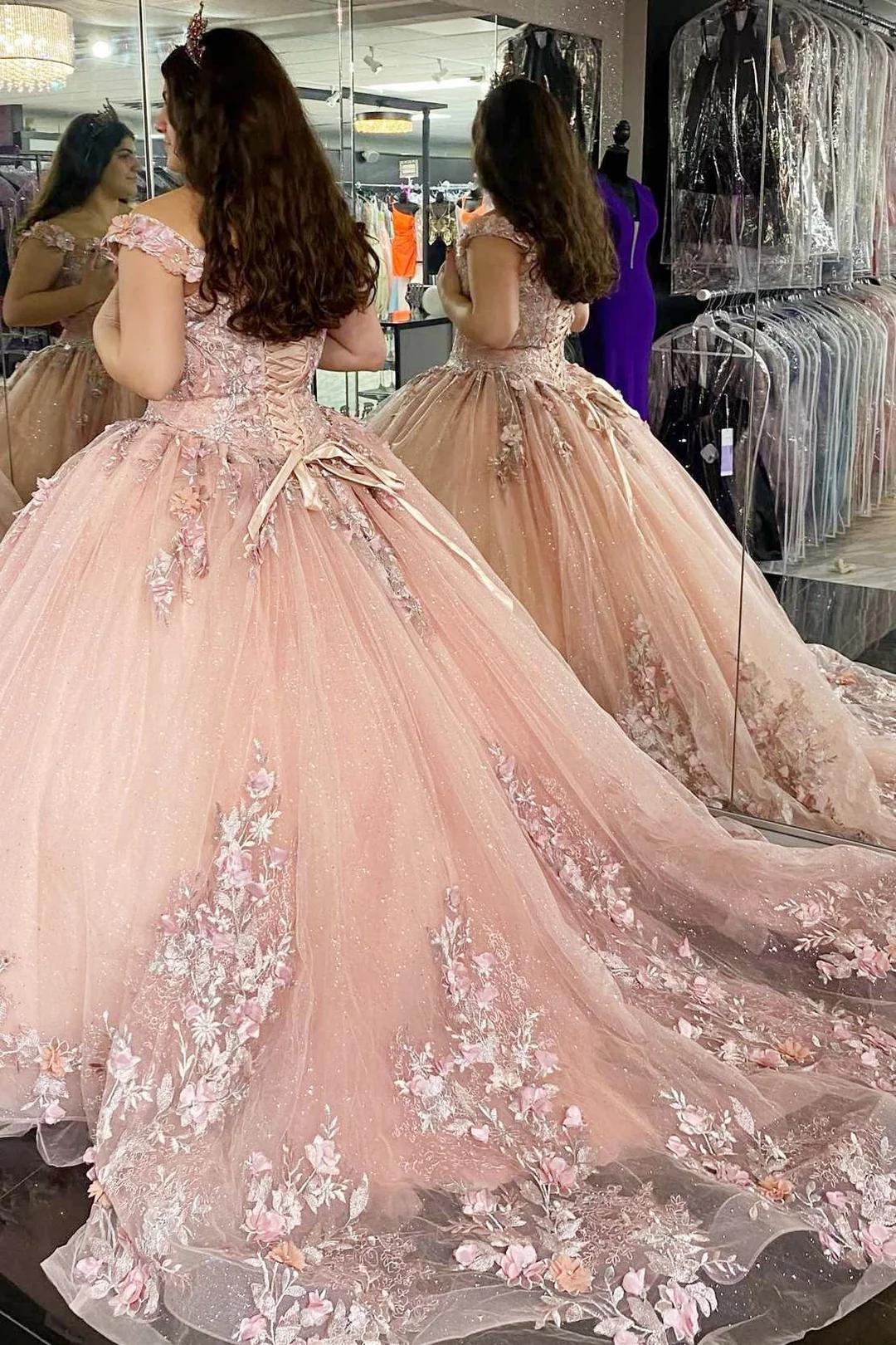 Glitter Pink 3D Floral Lace Off-the-Shoulder Quinceanera Dress