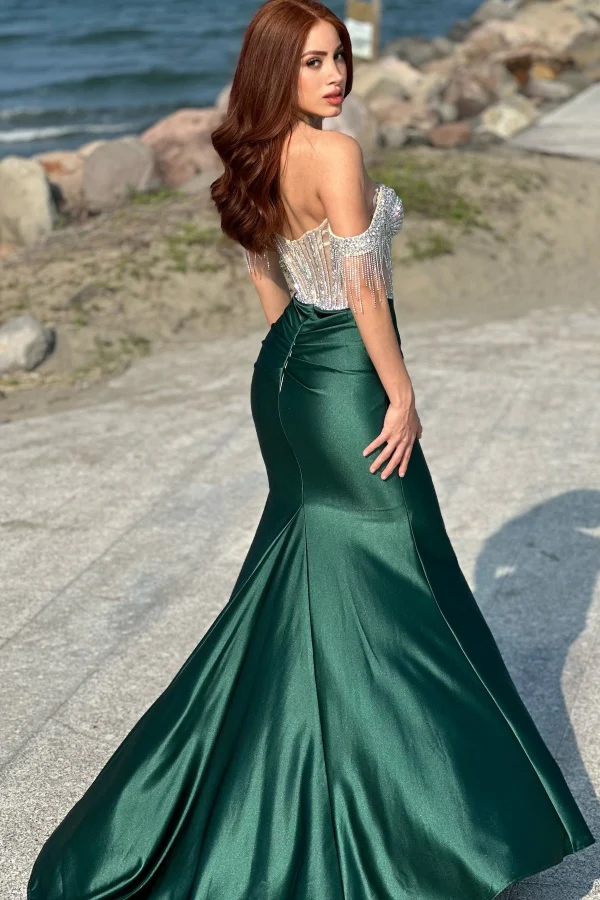 Glitter Sheath Off Shoulder Sleeveless Beaded Pleated Prom Party Dress High Side Slit and Train Evening Formal Gown