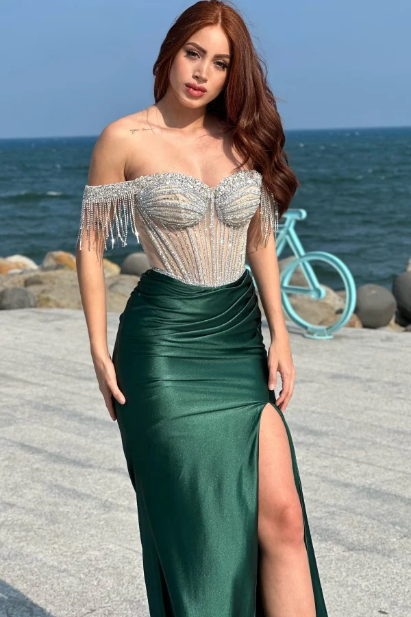 Glitter Sheath Off Shoulder Sleeveless Beaded Pleated Prom Party Dress High Side Slit and Train Evening Formal Gown