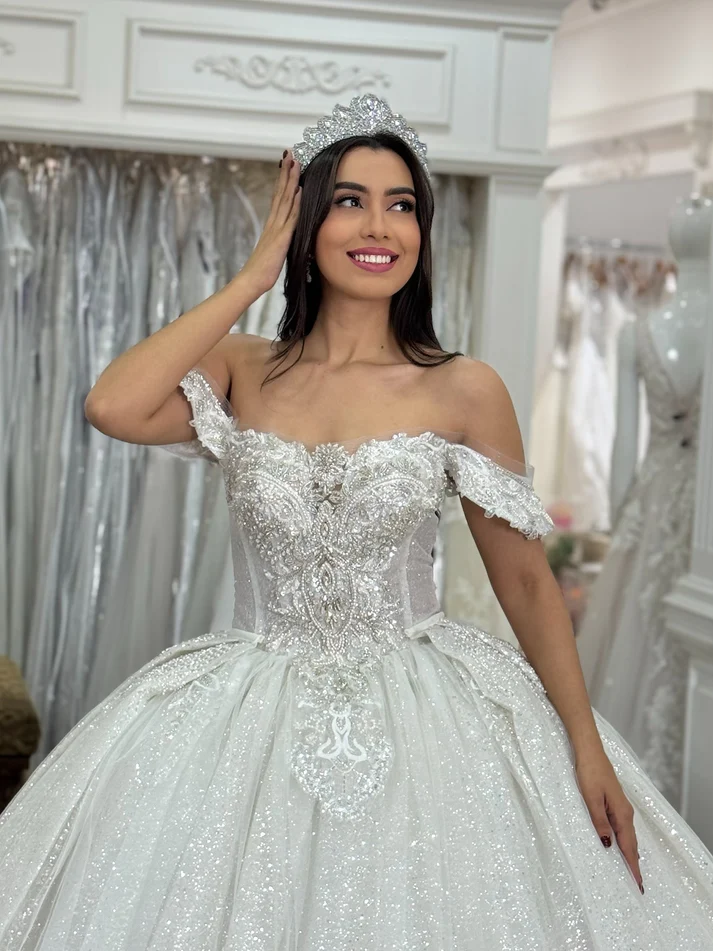 Glittery Sequin Beaded Off Shoulder Wedding Dresses Princess Bride Wedding Gowns