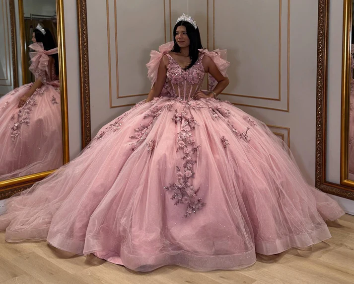 Glittery Tulle Lace Appliqued V Neck Pink Quinceanera Dresses for Sweet 16