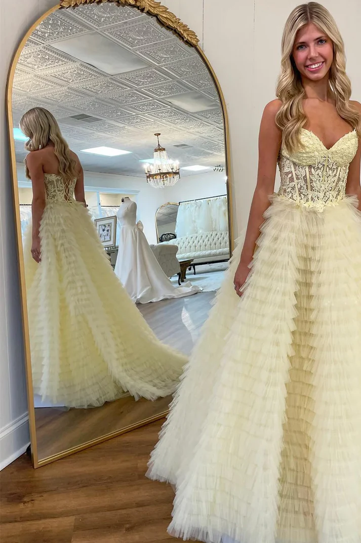 Gorgeous A-Line Strapless Sleeveless Appliques Pleated Tulle Tiered Prom Party Dress Formal Evening Gown