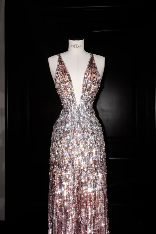 Pink V Neck Sequins Mermaid Long Prom Dresses VK24033102