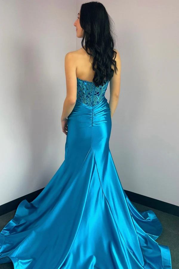 Gorgeous Sheath Strapless Sleeveless Beaded Pleated Prom Party Dress High Side Slit and Train Evening Formal Gown Cocktail Dress