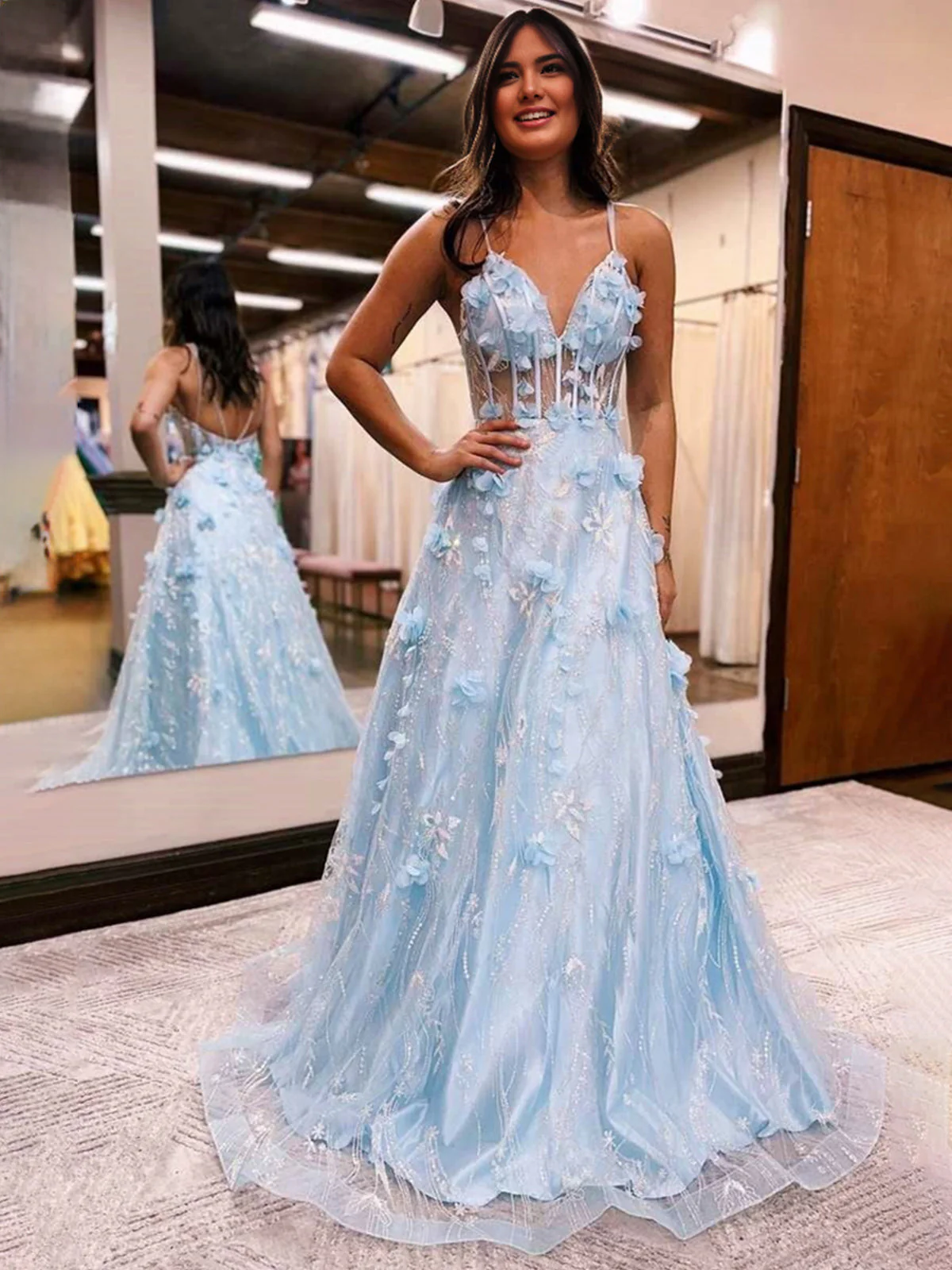 Light Blue 3D Flower Lace V-Neck A-Line Long Prom Dress