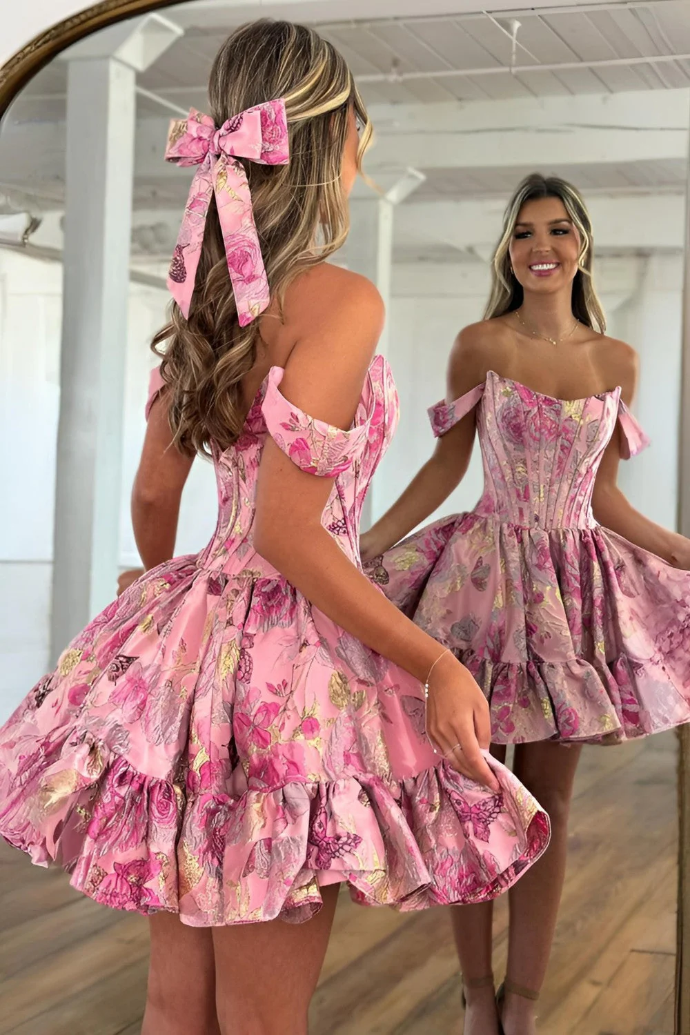 Lovely A-Line Off the Shoulder Pink Floral Printed Short Homecoming Dresses