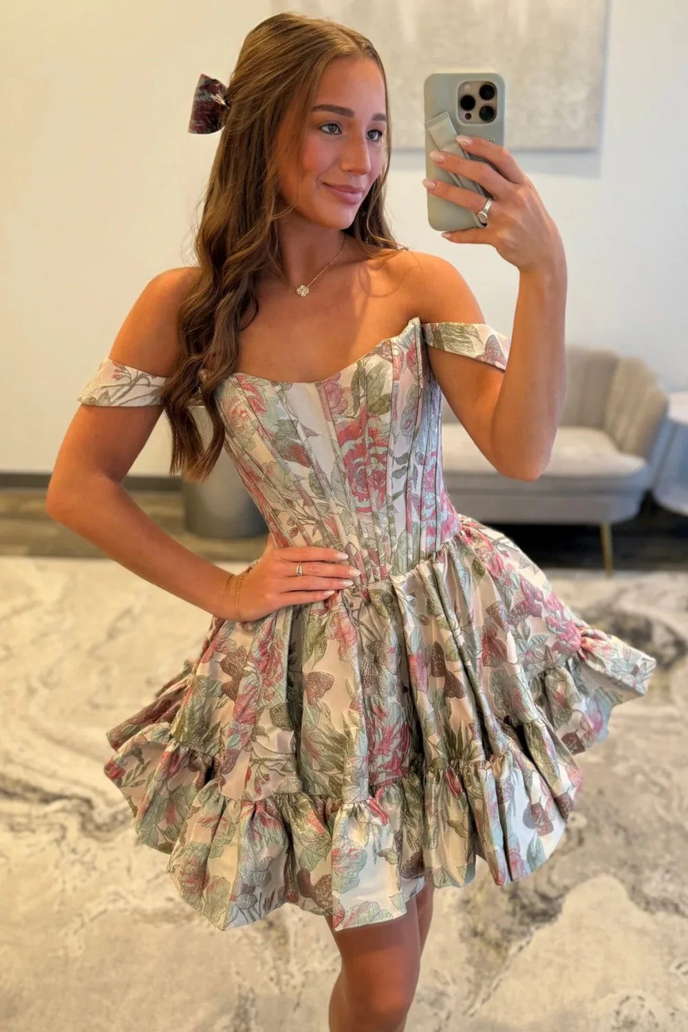 Lovely A-Line Off the Shoulder Pink Floral Printed Short Homecoming Dresses