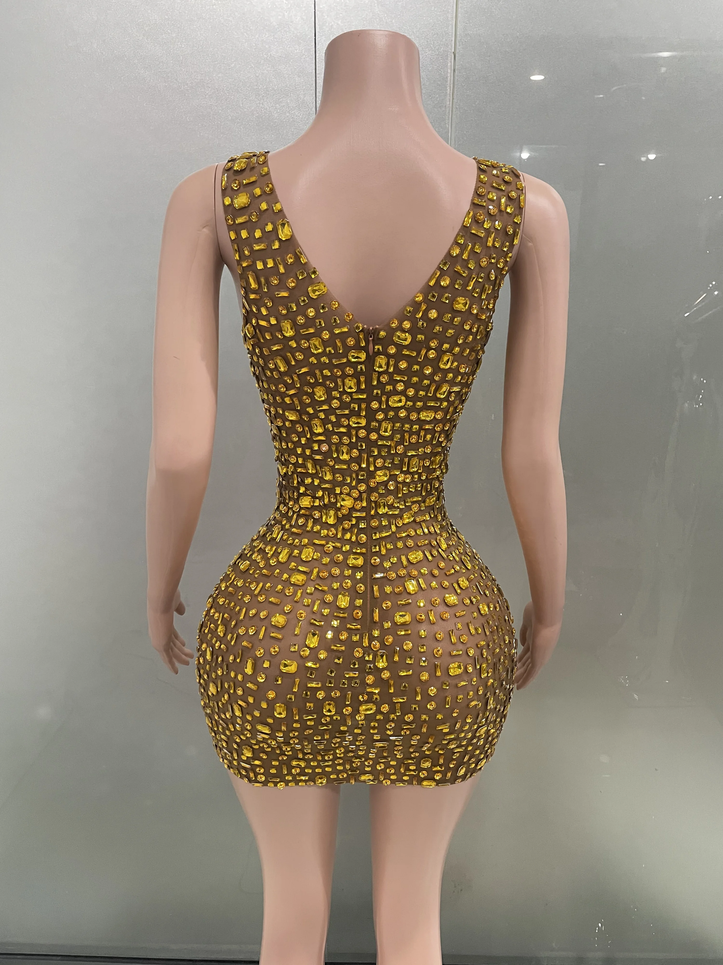 Luxury Sparkly Gold Rhinestones Sexy Mini Dress Women Evening Party Performance Costume Bar Nightclub Singer Dancer Stage Wear