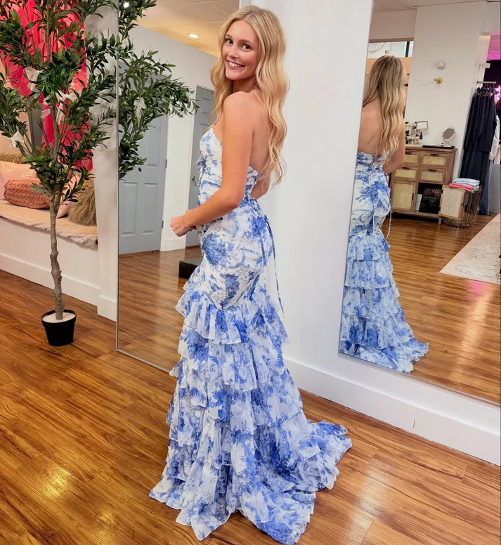 Mermaid Floral Print Long Prom Dresses Chiffon Ruffled Evening Formal Gowns for Women