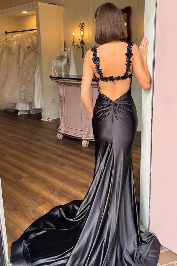 Mermaid Sweetherat Straps 3D Flower Black Prom Dress with Side Slit and Train