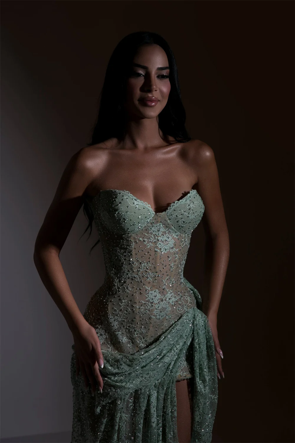 Mint Green Bustier Lace Customized Ruched High Slit Prom Dress Sheer Long Gown Elegant Formal Evening