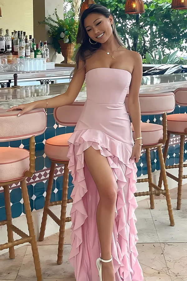 Modern Sheath Strapless Sleeveless Ruffles Tiered Back Zipper Prom Party Dress High Side Slit and Train Evening Gown Birthday Party Dress