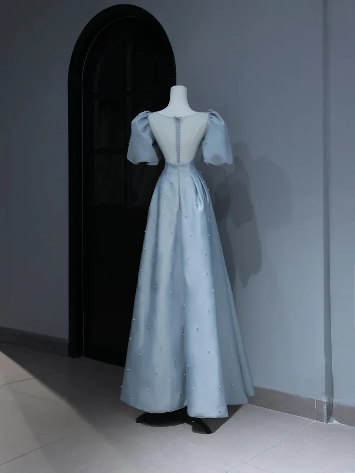 Modest Prom Dresses Aesthetic A Line Sweetheart Light Sky Blue Satin Inspiration Style Impress With Puffy Sleeves Pearls Long Party Formal Gown