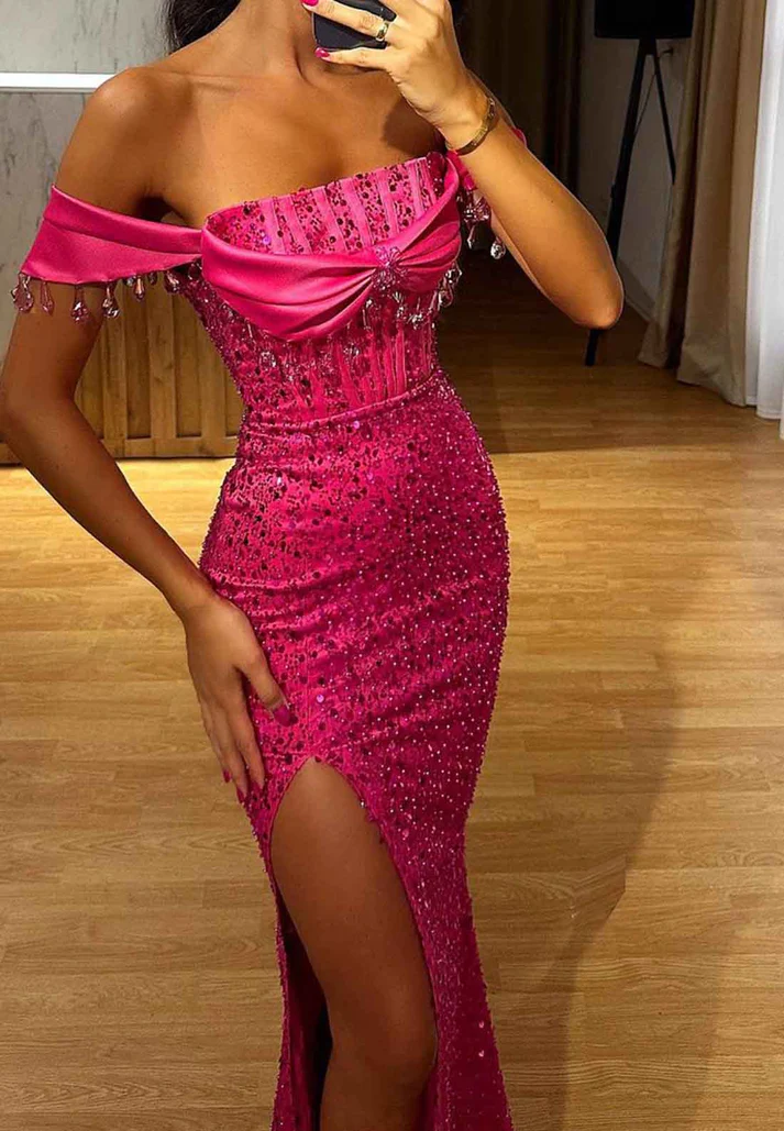 Off-Shoulder Strapless Appliques Beaded Mermaid Prom Dress