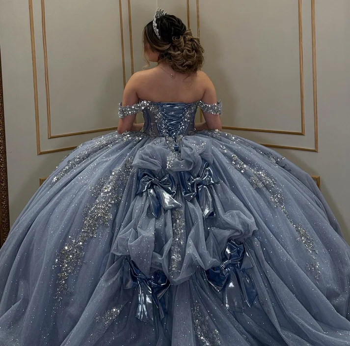 Off Shoulder Glittery Tulle Lace Beaded Quinceanera Dresses for Sweet 16