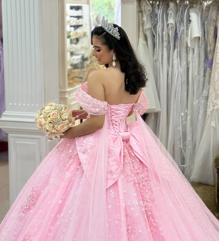 Off Shoulder Pink Lace Beaded Corset Sweet 16 Quinceanera Dresses