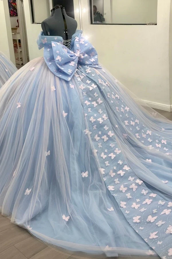 Off Shoulder Sleeveless Beaded 3D Butterflies Bow Knot Blue Quinceañera Dresses
