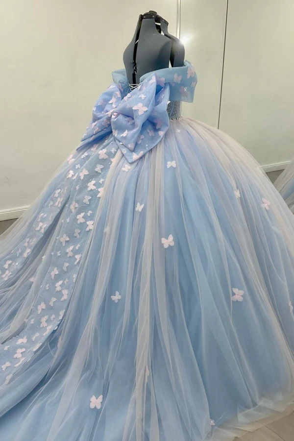 Off Shoulder Sleeveless Beaded 3D Butterflies Bow Knot Blue Quinceañera Dresses