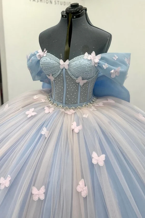 Off Shoulder Sleeveless Beaded 3D Butterflies Bow Knot Blue Quinceañera Dresses