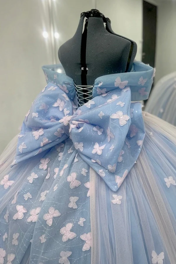 Off Shoulder Sleeveless Beaded 3D Butterflies Bow Knot Blue Quinceañera Dresses