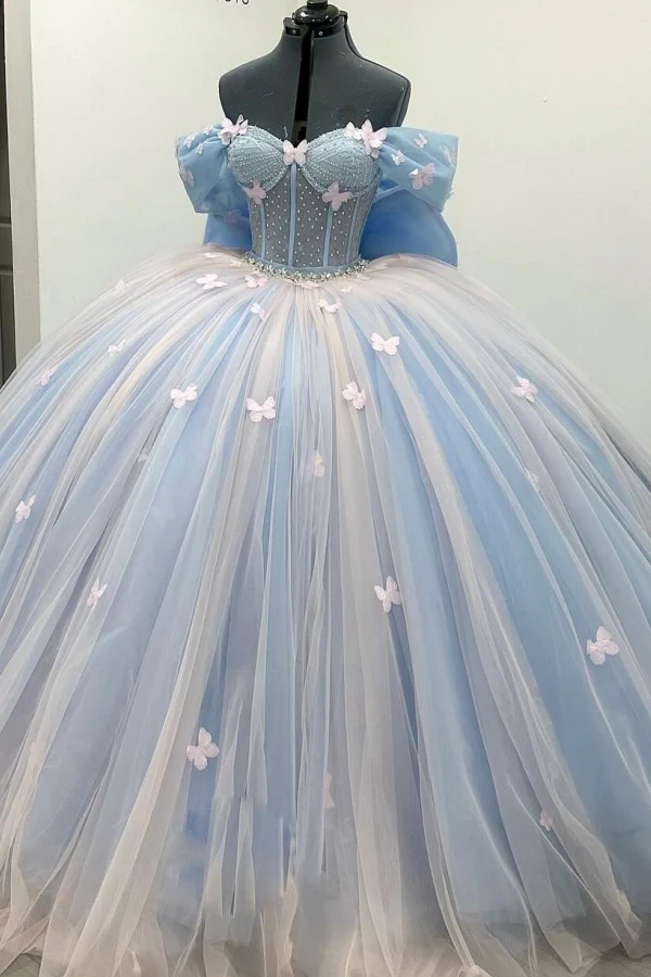 Off Shoulder Sleeveless Beaded 3D Butterflies Bow Knot Blue Quinceañera Dresses