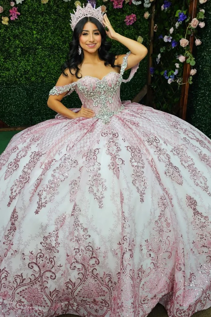 Off Shoulder Sleeveless Beaded Appliques Ruffles Bow Knot Pink Sweet 15 Quinceañera Dress WQ1835