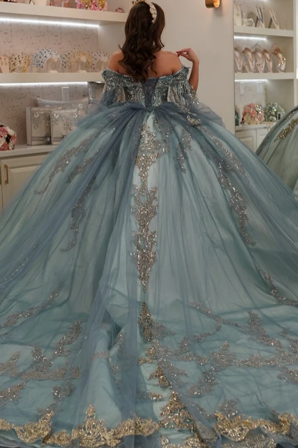 Off Shoulder Sleeveless Beaded Gold Appliques Blue Quinceañera Dresses
