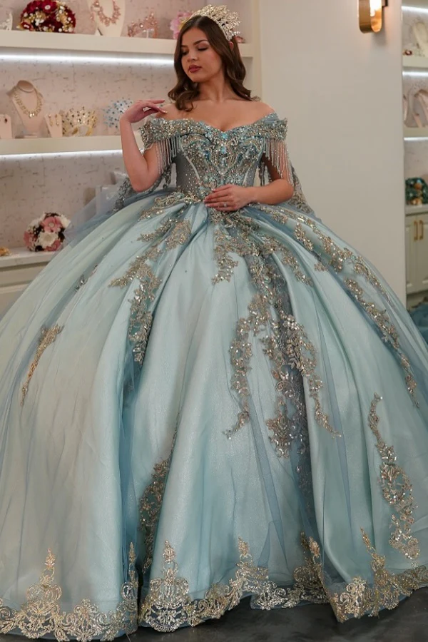 Off Shoulder Sleeveless Beaded Gold Appliques Blue Quinceañera Dresses