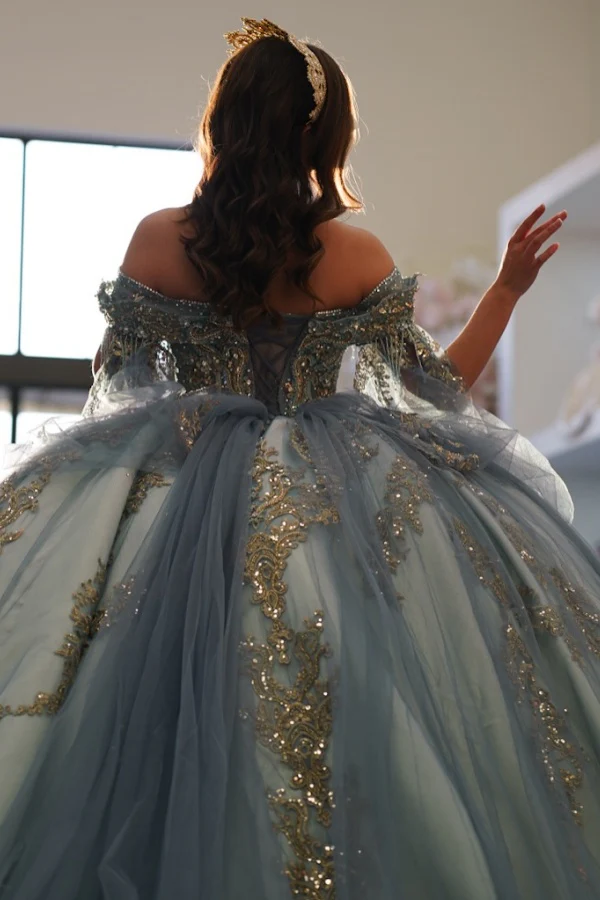 Off Shoulder Sleeveless Beaded Gold Appliques Blue Quinceañera Dresses