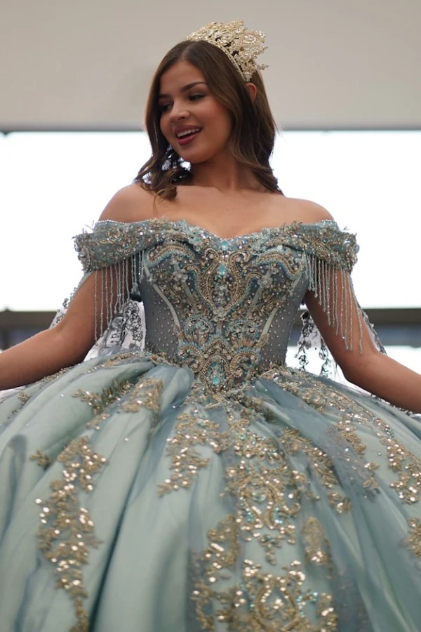 Off Shoulder Sleeveless Beaded Gold Appliques Blue Quinceañera Dresses