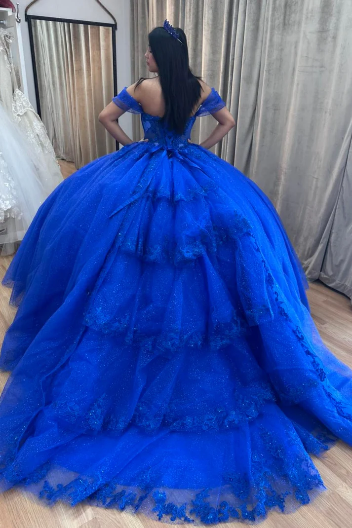 Off Shoulder Sleeveless Beaded Tiered Royal Blue Sweet 15 Quinceañera Dress